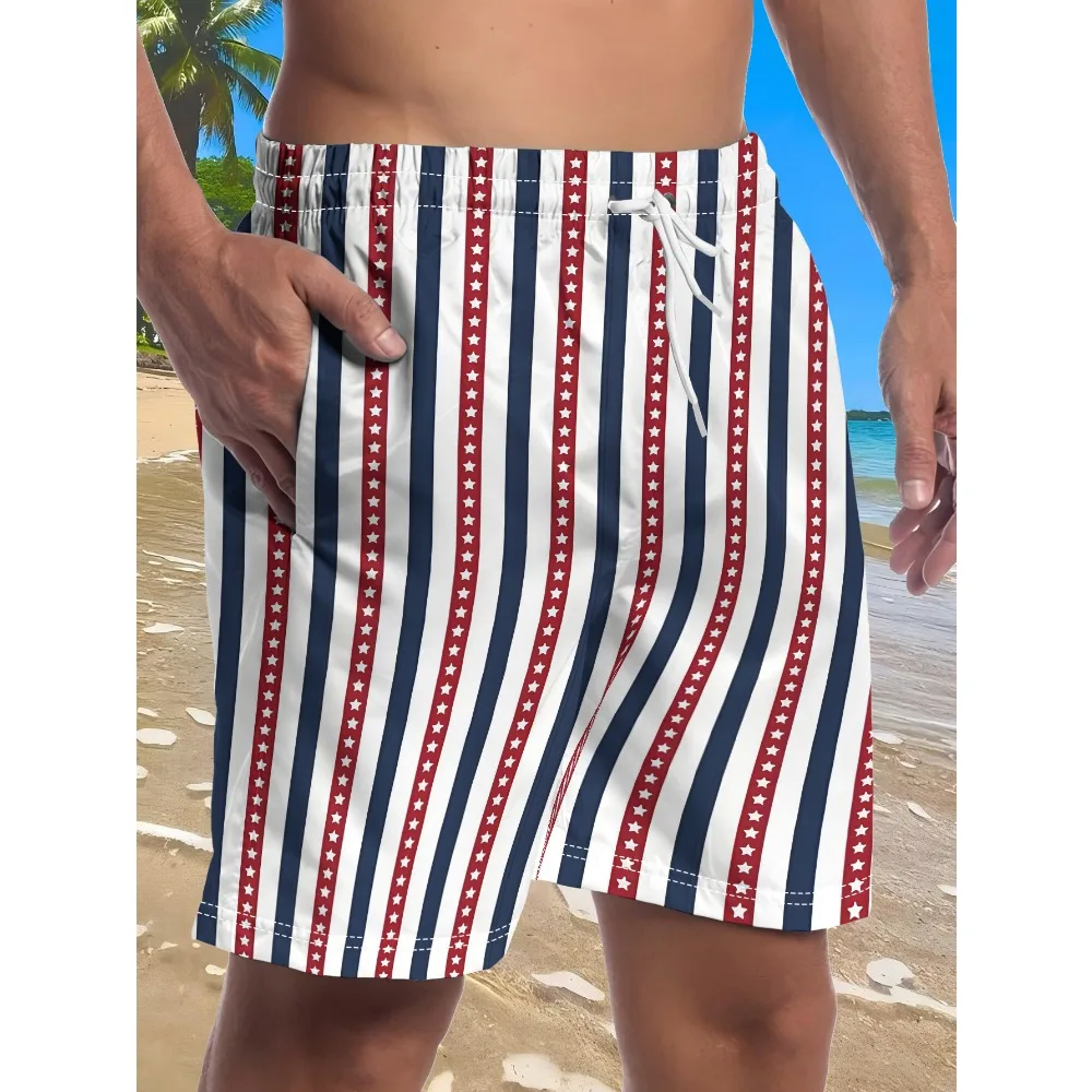 Bañador de secado rápido con estampado de bandera americana y rayas verticales, pantalones cortos de baño para surf y playa con cordón y cintura elástica, con bolsillos laterales