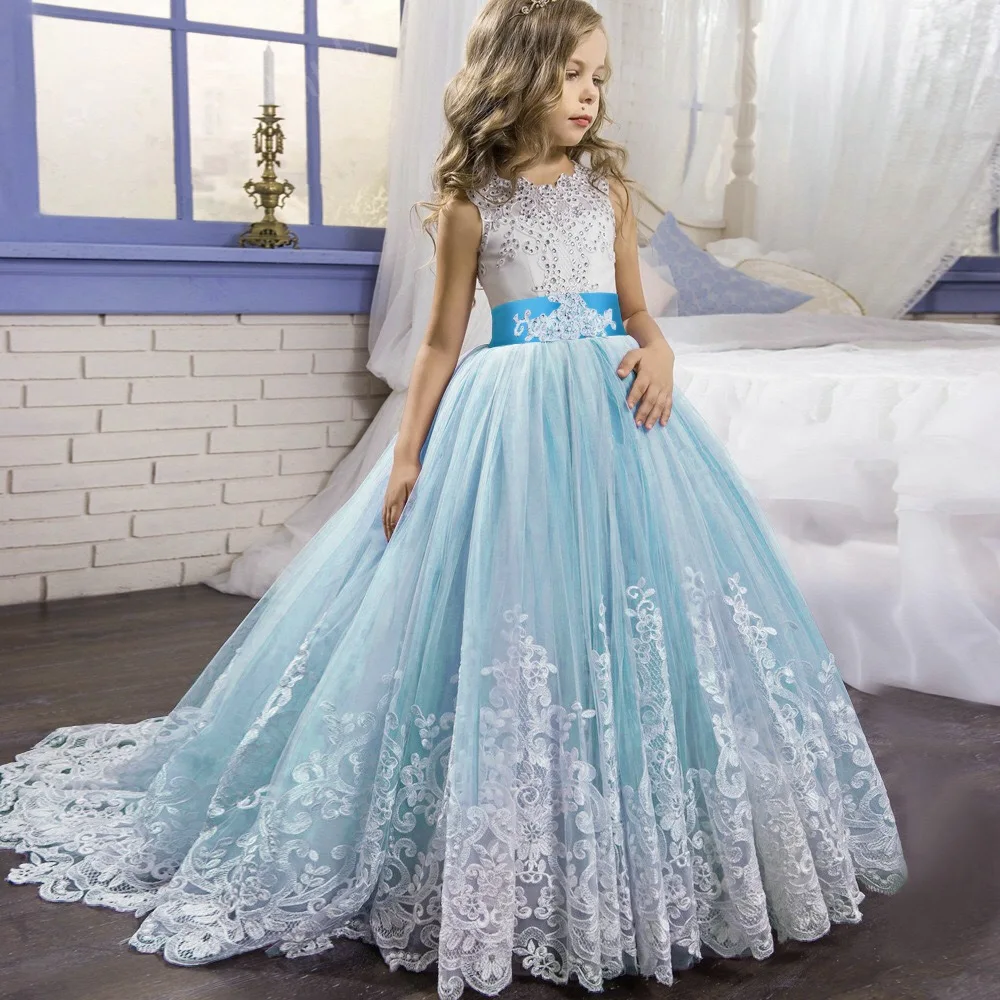 New Party Gown For Kids 2-14 Years Lace Patchwork Flower Girl Dresses Bows  First Communion Dress Tulle Ball Gowns With Trailing