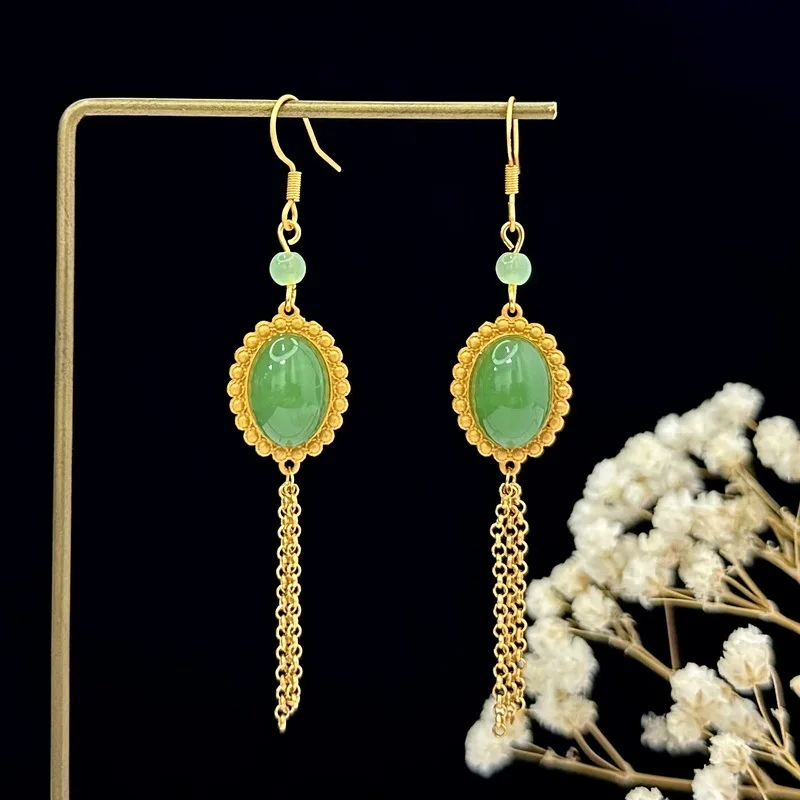 

Chinese Style Retro Egg Shaped Green Hotan Jade Peace Button Tassel Earrings for Women Party Wedding Girlfriend Gift Accessories
