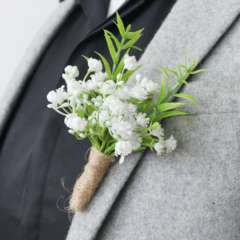 1pc White Babysbreath Boutonniere for Men Artificial Flowers for Wedding Décor/Prom/Homecoming