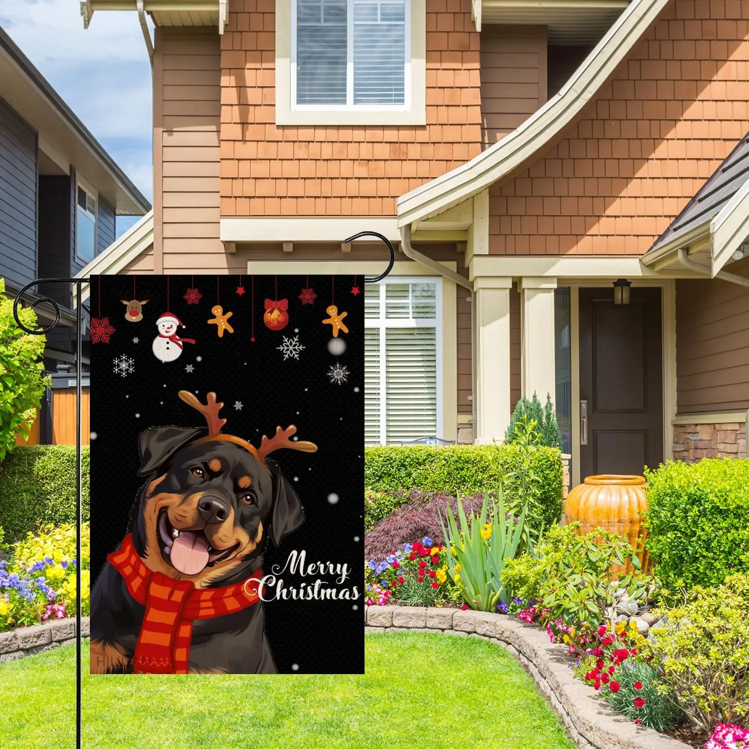 Merry Christmas Rottweiler Garden Flag 12x18 Vertical Double Sided Winter Dog Christmas antlers Red Striped Scarf Holiday Outsid