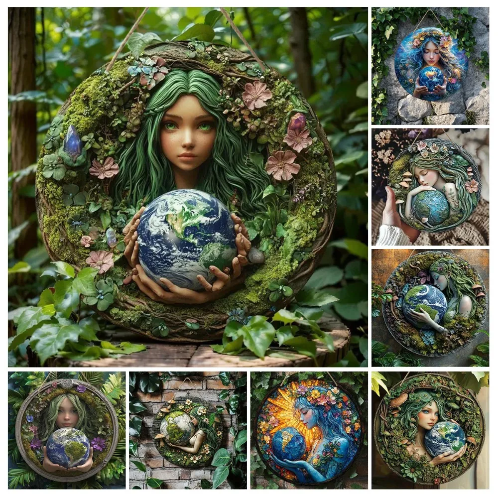 

2D Retro Round Wooden Mother Earth Wreath Logo, Suitable for Home, Room, Living Room, Office, Caf É Decoration, Holiday Gifts
