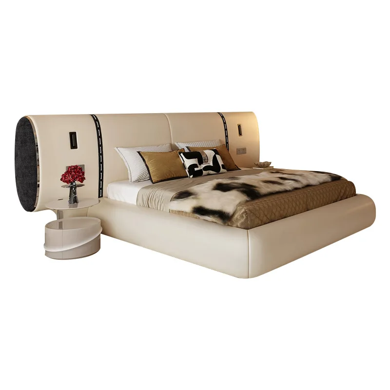 

Villa Furniture Cream Wind Bed Light Luxury Light French Wide Screen Master Bedroom Queen Bed Cream Wind Leather Bed