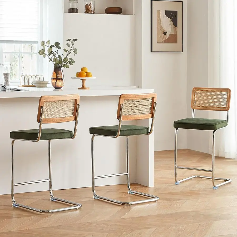 Rattan Bar Stools Set of 3 with Solid Wood Back, 24 Inch Mid Century Modern Counter Height Stools, Green Upholstery Boho Stool
