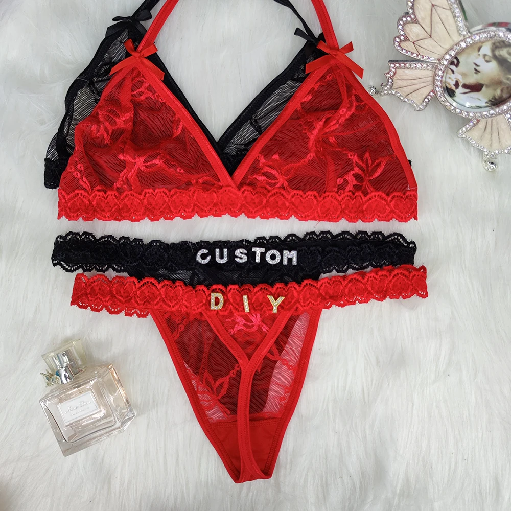 2PC/Set Custom Name Thongs And Bra Personalized Panties and Bra Set With Name DIY Letter Bikini Set Lace For Women Sexy Gift