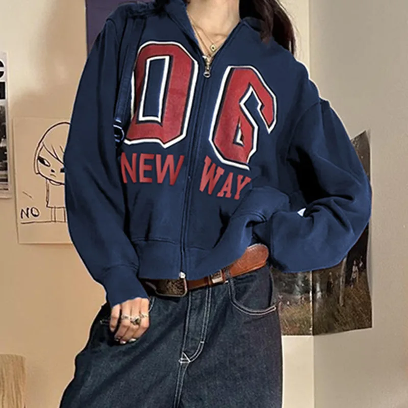 Letter Print Hoodie with Zipper Preppy Coat Vintage Sweartshirt Autumn Outerwear Zip-up Casual Hoodies