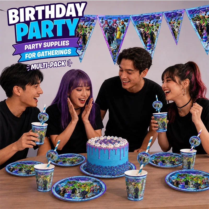 Fortnite Einweg-Partydekorationsset: Teller, Becher, Strohhalme, Kombination für Feier-Tischdekoration, Spielthemen-Geburtstags-Tischzubehör – Detail 2