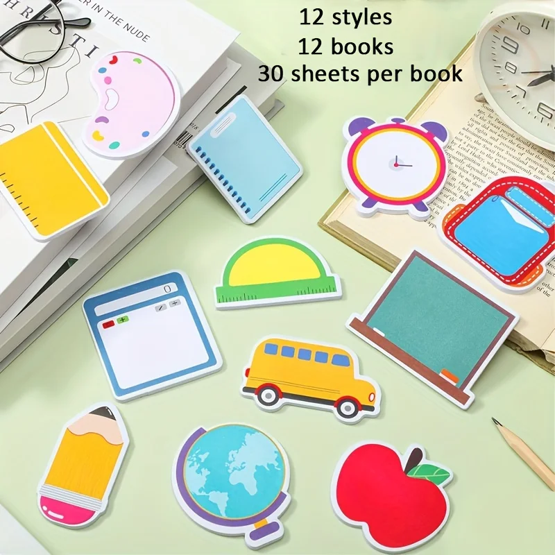 12 PCS Teacher Sticky Notes Cute Sticky Notes Back to School Sticky Notes Pencil Ruler Blackboard Apple Shaped Self Sticky Cart