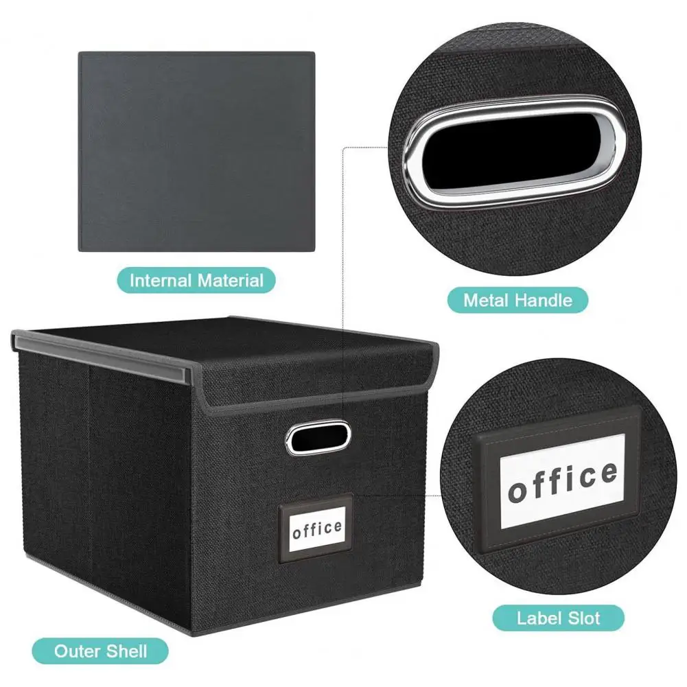 Folding File Box Metal Handle File Storage Box with Lid for Office Documents Legal Letter Size Organizer Bin