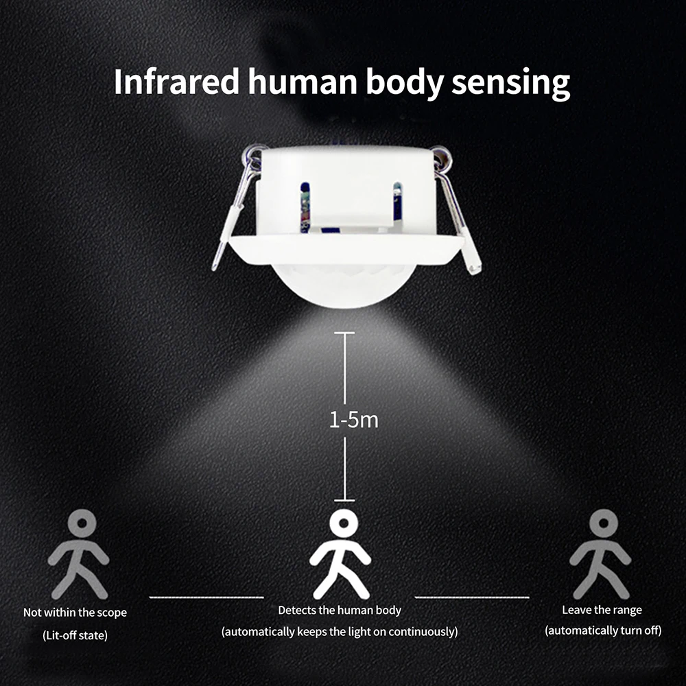 AC 85-265V Recessed Human Motion Sensor Switch Infrared PIR Sensor with Adjustable Time Delay, Dimming, and Light-Level Control