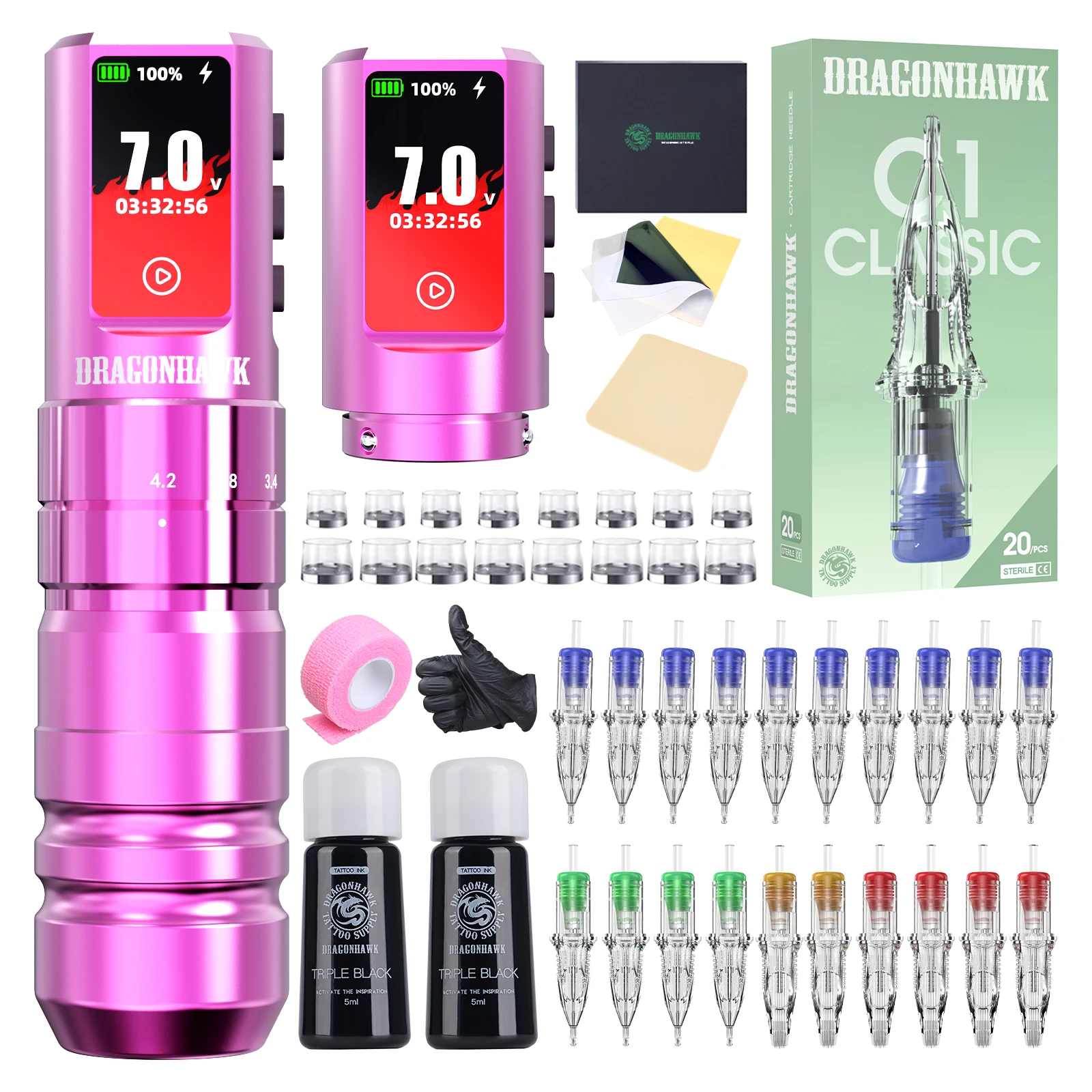 Dragonhawk Tattoo Kit Full Set Wireless Tattoo Machine A3 PRO Adjustable 2.0-4.2mm Stroke with 20 Cartridge Needle for Beginners
