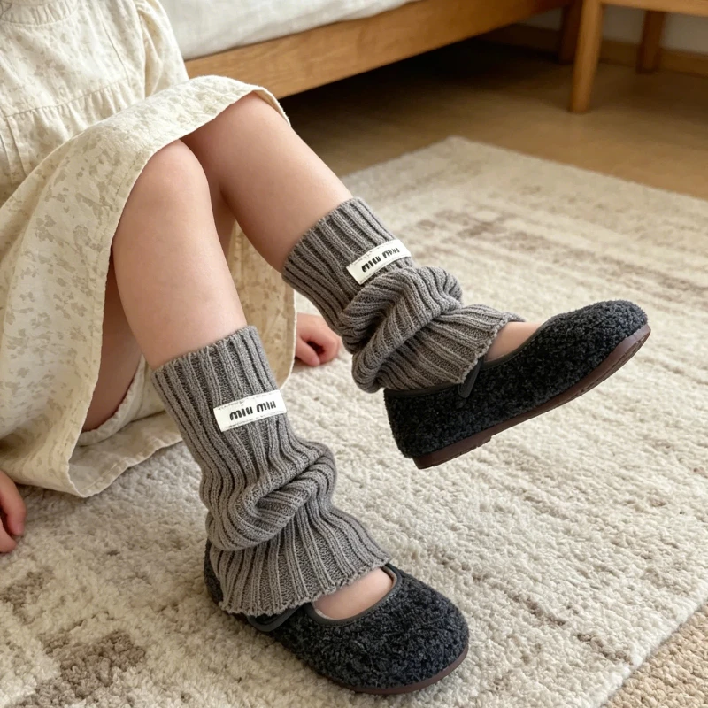 Letter Patch Knit Leg Warmers for 3-12Y Cute Kids Soft Warm Stackable Sock Cuffs Slouchy Stylish Leg Accessories Winter Footwear