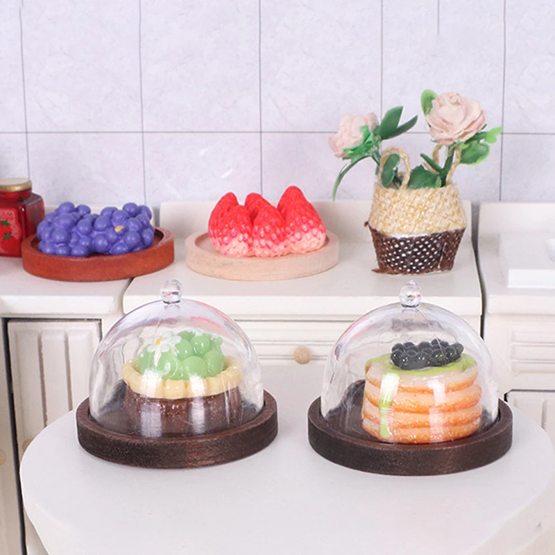 8Pcs/set 1:6/1:12 Dollhouse Coffee Miniature Cake Wooden Tray With Cover Dessert Display Rack Kitchen Model Decor Toy