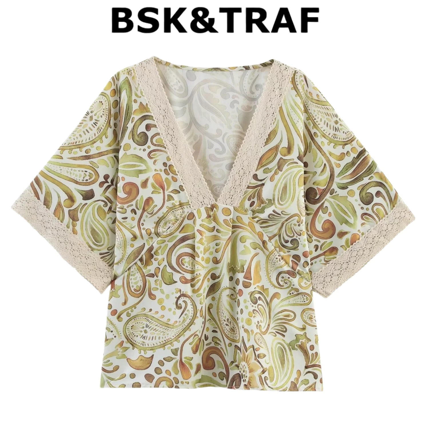 

BSK&TRAF2025 Летние новые продукты Женский повседневный вязаный крючком слой с принтом Широкий топ с короткими рукавами и v-образным вырезом с короткими рукавами 3666/072