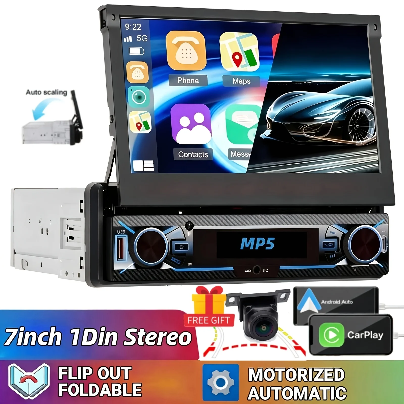 Car Stereo 1 Din 7.0 inch Motorized Flip Out Touchscreen MP5 Player,Wireless BT Headunit with Dynamic Trajectory  Reverse Camera