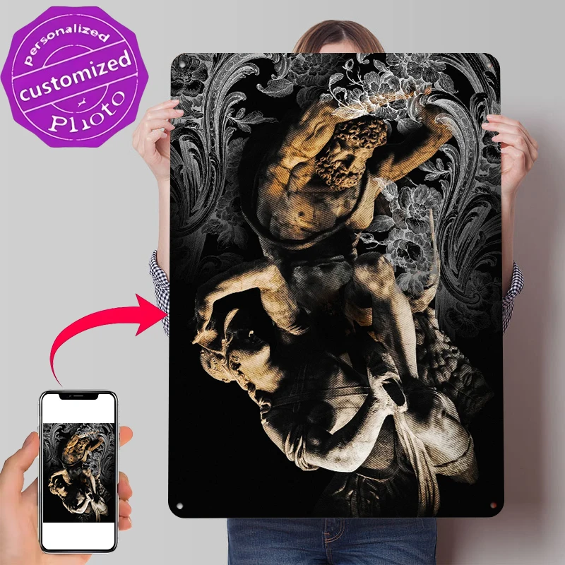 Mythological Sculpture With Floral Tinplate Poster Customized Wall Art Retro Vintage Metal Signs for Fans Office Decor Room Home