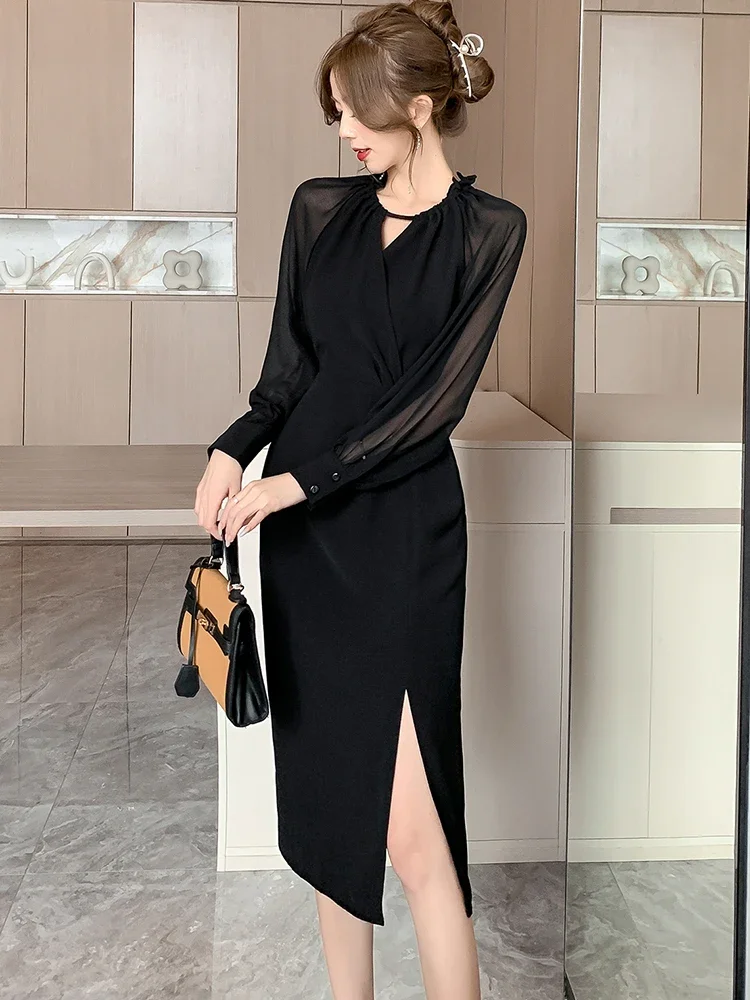 2024 Black V-Neck Sheer Sexy Club Long Dress Women Korean Vintage Hepburn Prom Clothing Autumn Winter Elegant and Pretty Dresses