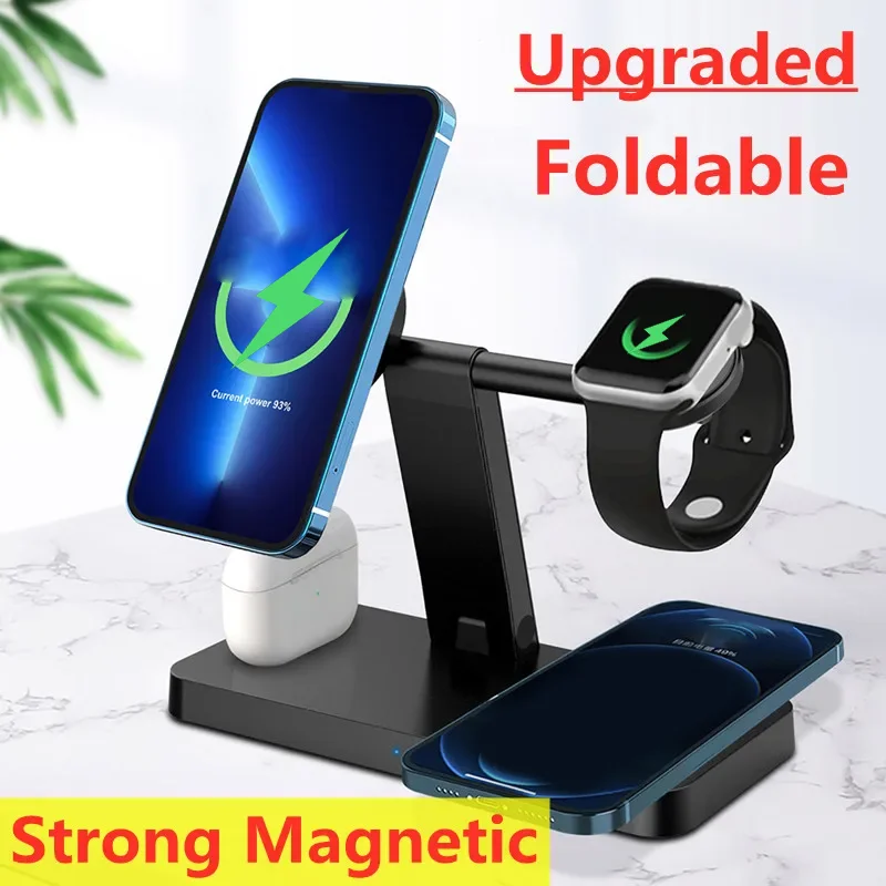 4 In 1 Magnetic Wireless Charger Stand Pad Fast Charging Station Dock for iPhone 15 14 13 12 Pro Max Apple Watch 8 7 6 5 Airpods