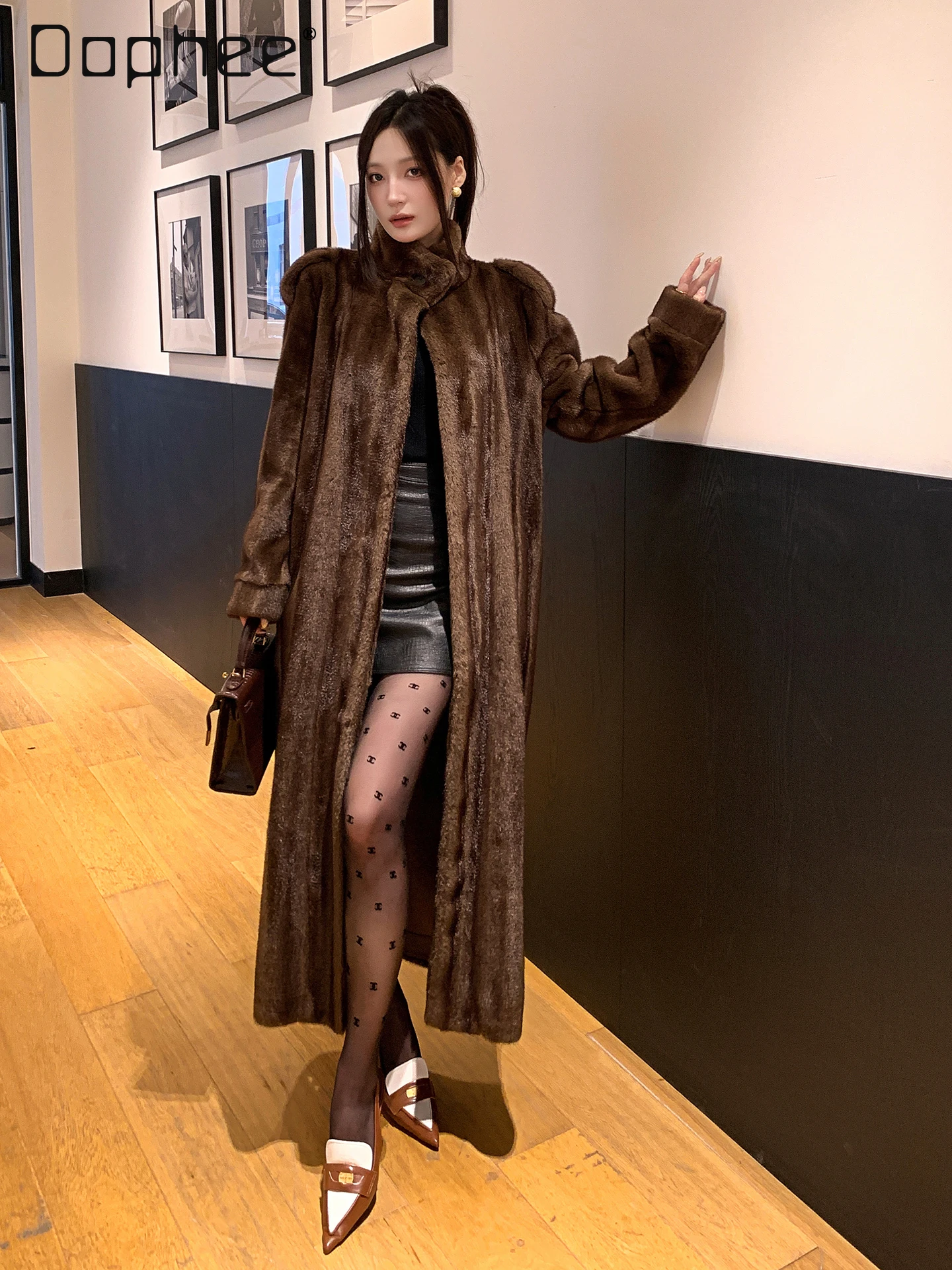 Vintage high-end nerts silhouet riem slim fit milieuvriendelijke bontjas dames lichte luxe socialite pluche bontjas halflange lengte