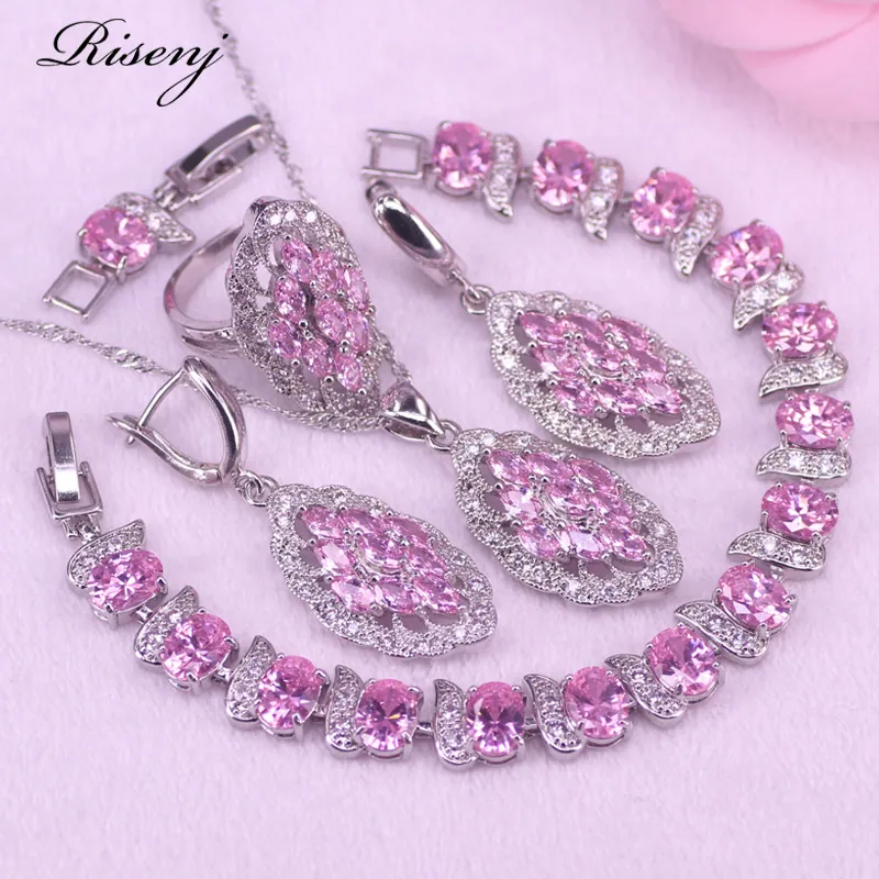 wa ,Amazing Style,925 Mark Princess Pink Silver Color Costume Jewelry For Women Ring Necklace Earrings Bracelet Set