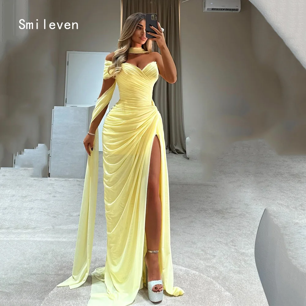 

Smileven Luxury Mermaid Yellow Prom Dress Draped One Shoulder Evening Gowns Pleat Fasional Occasion Dress Customized 2026