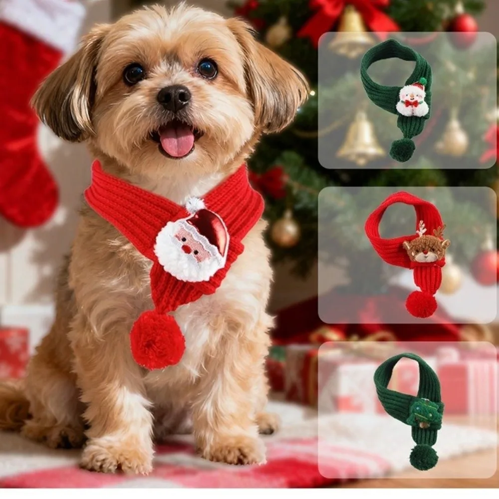 

Decorative Red Green Pet Christmas Scarf Plush Cartoon Dog Knitted Scarf Warm Elk Snowman Cat Neck Warmer Pet Dress Up