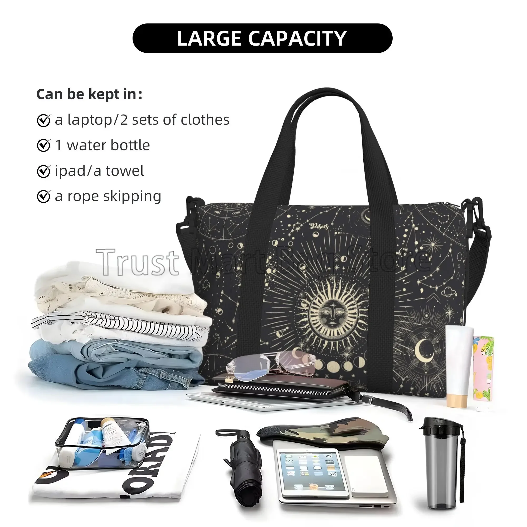 Moon Star Sun Zodiac Mystery Astrology Travel Duffel Bag Overnight Bag Lightweight Weekender Bags Workout Bags for Women Men