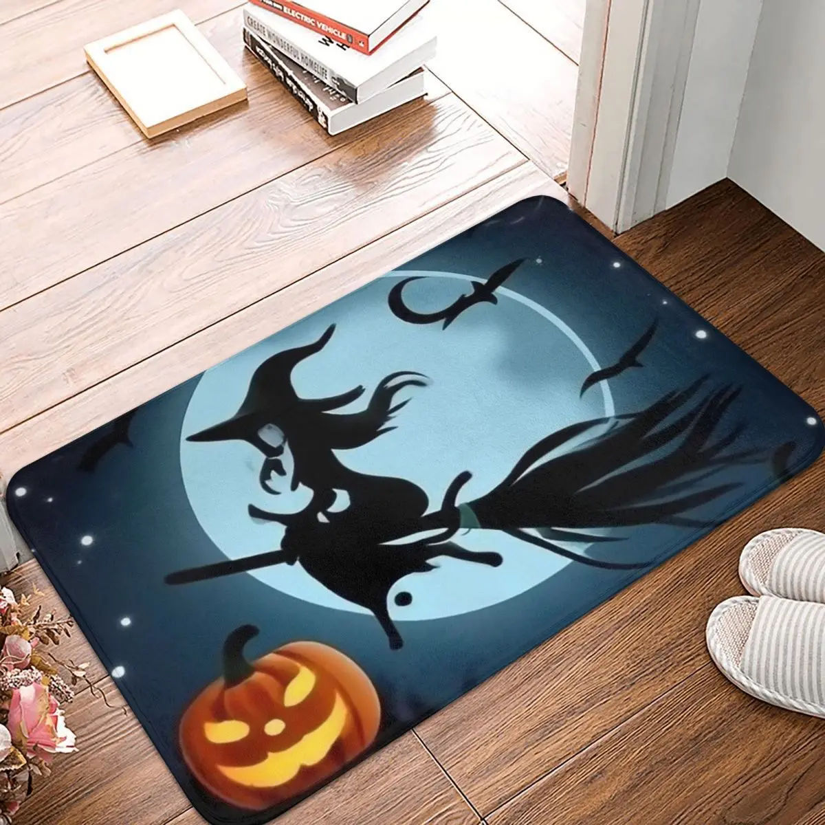 Spooky Halloween Featuring A Witch Flying On A Broomstick Doormat Floor Mat Cushion Carpet Rug for Kitchen Balcony Footpad Mats