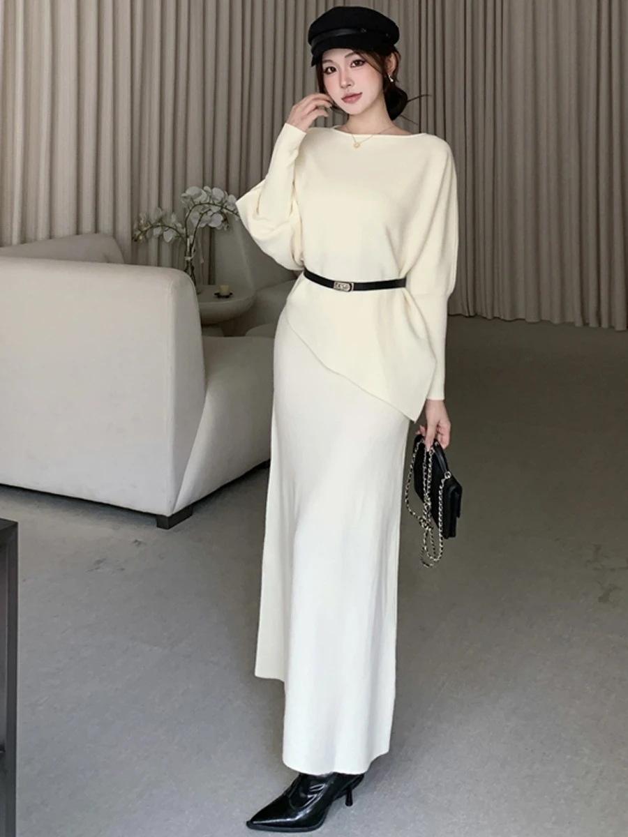 Elegant Knitted Set round Neck Long Sleeve Asymmetrical Top Half-length Skirt Two-piece Suit Casual Style Polyester Fabric