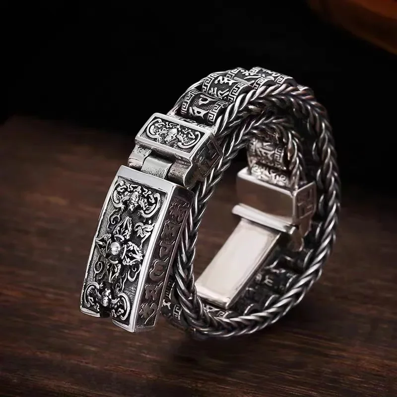 New Men's Retro 925 Silver Six-Character True Word Tranquilizer Silver Chain Hand Ornaments Personality Gift Bracelet