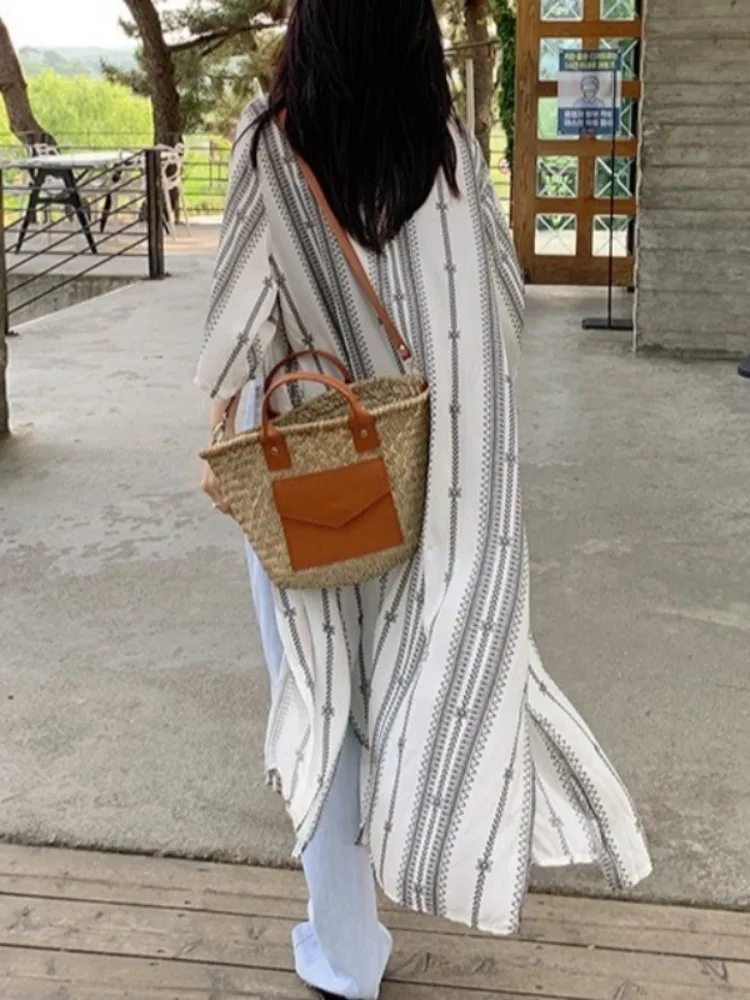 Retro pigro stampa etnica Batwing Sve irt Abito da donna con protezione solare allentata con spacco dal design coreano Faionable Seven-Sve Bl...