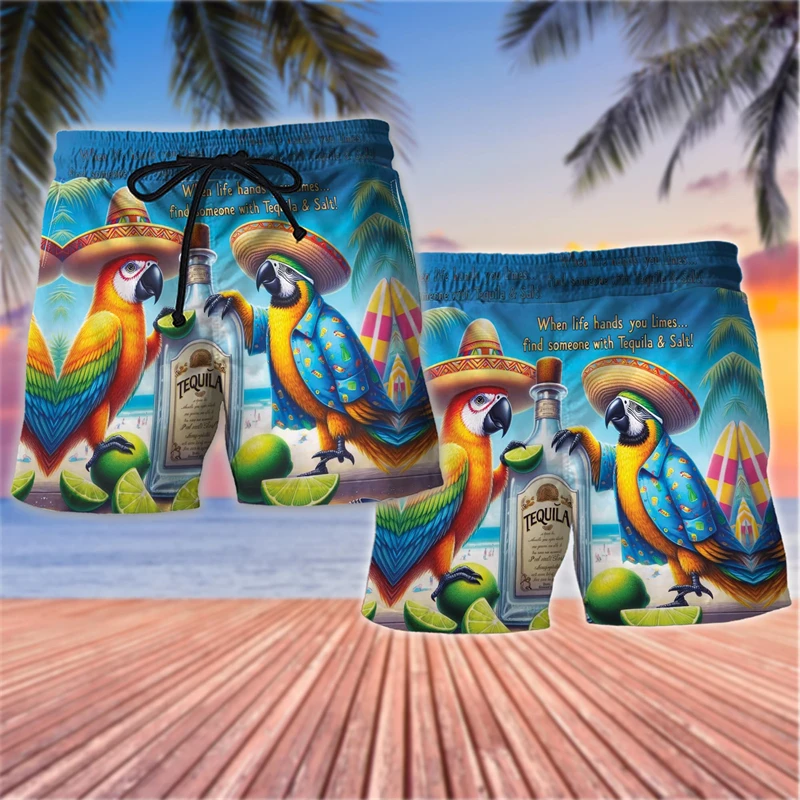 

Fashion Parrot Graphic Hawaiian Short Pants Summer Casual Surfing Vacation 3D Printed Beach Shorts Loose Harajuku Swim Trunks