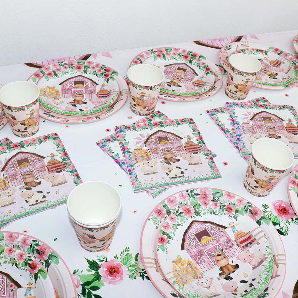 Rosa Bauernhof Tiere Geburtstag Dekor Einweg Geschirr Set Papier Banner Blumen Teller Baby Dusche Mädchen Geburtstag Party Dekorationen – Detail 3
