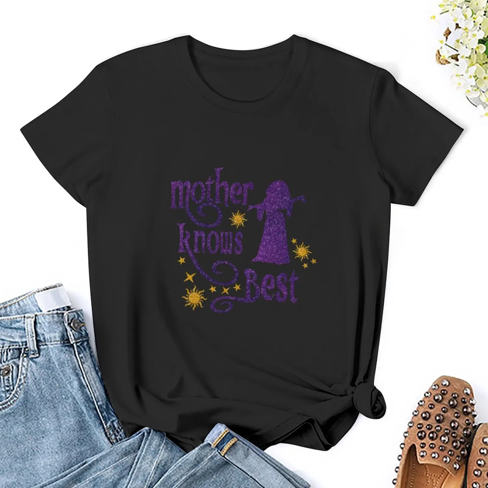 Mother Knows-Camiseta con purpurina mágica enredada para mujer, ropa de anime, camisetas recortadas divertidas