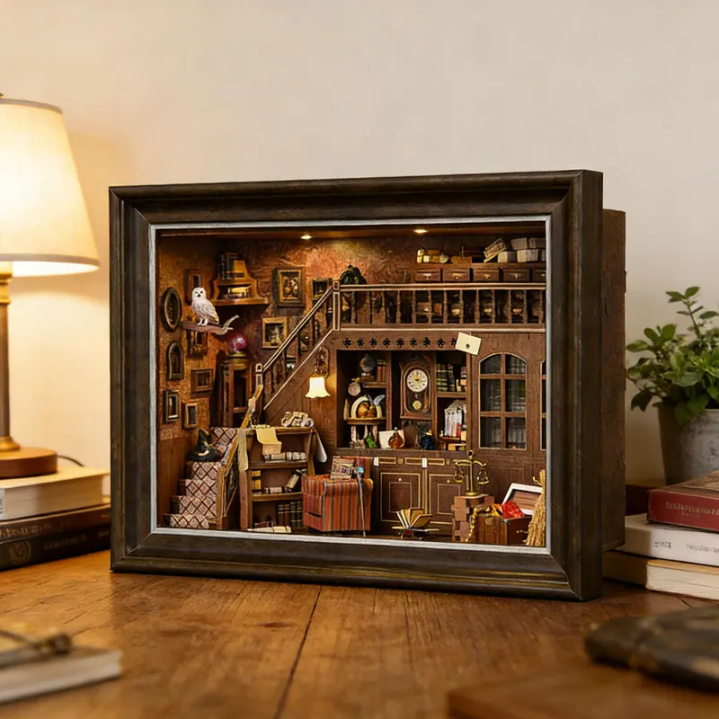 DIY 3D Wooden Book Nook Kit Miniature Dollhouse with LED Light Bookshelf Insert Photo Frame Home Decor for Friends Birthday Gift