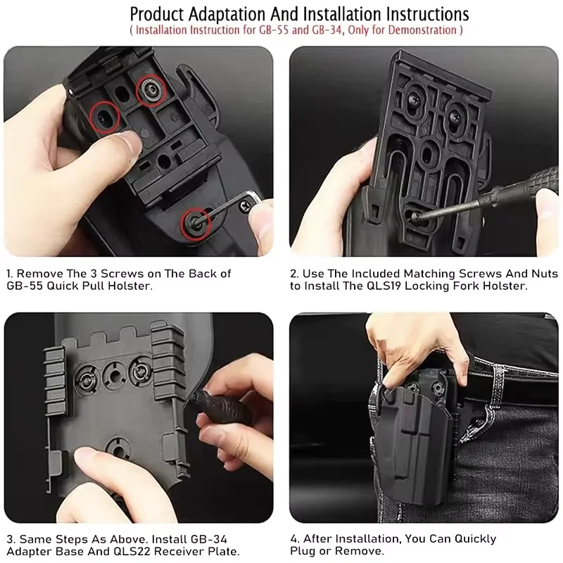Sistema di bloccaggio tattico. Base adattatore per gamba per fondina da caccia, kit QLS 19 22, adattatore in pelle per fondina per pistola