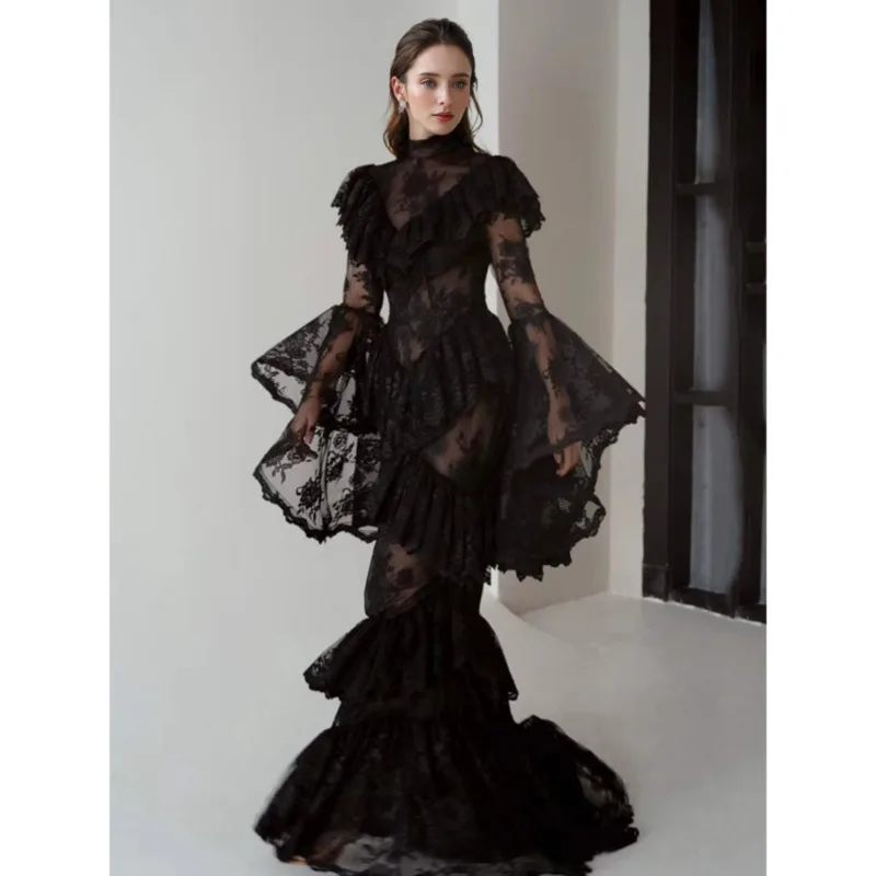 

VIBE Sexy see-through flared sleeves multi-level ruffled lace dress 2025 Spring women's dress fashion package hip fishtail dress