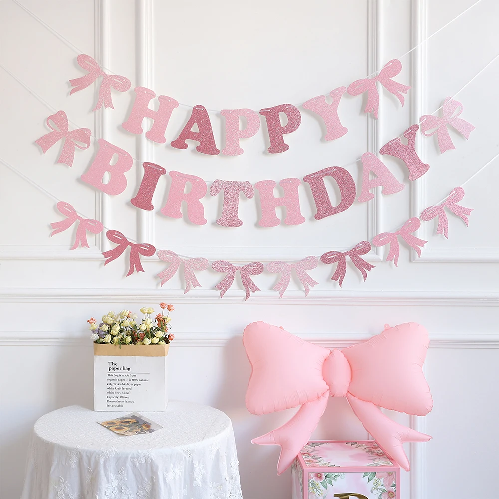 Roze Strik Banner Cake Toppers Spirl Paarse Vlindervlag Meisjes Prinses Verjaardagsfeest Benodigdheden Bruiloft Baby Shower Decoratie