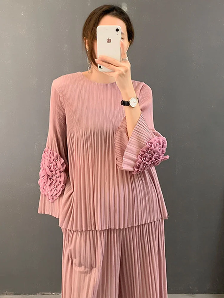 LANMREM Pleated Flower Beading Flare Sleeves Shirts Loose Wide Leg Pants Two Pieces Sets Women 2023 Autumn Fashion 2M296