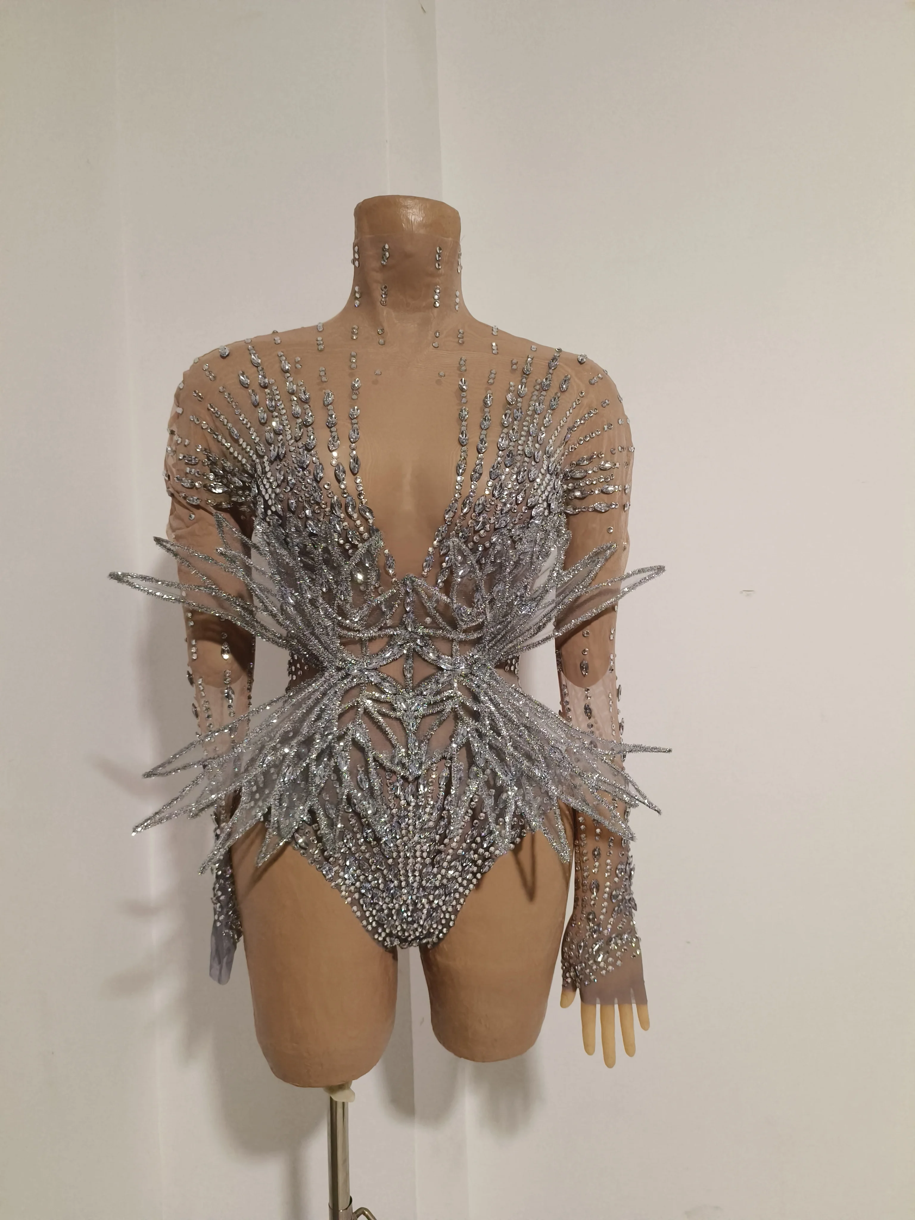 Sparkly Silver Rhinestones Mesh Stretch Bodysuit Women Birthday Party Nightclub Bar Singer Dancer DJ Performance Stage Costume
