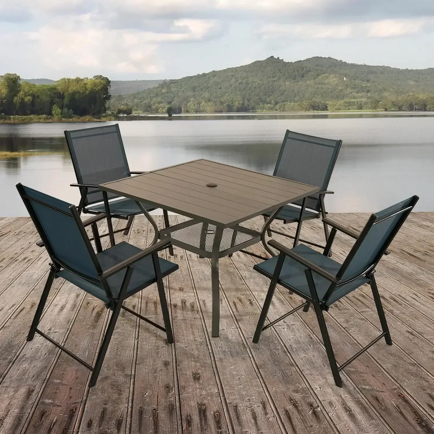 

promotion-Patio Folding Chairs Set of 4, Outdoor Lawn Chairs with Rustproof Metal Frame, Portable Dining Chairs for Porch, （Ligh