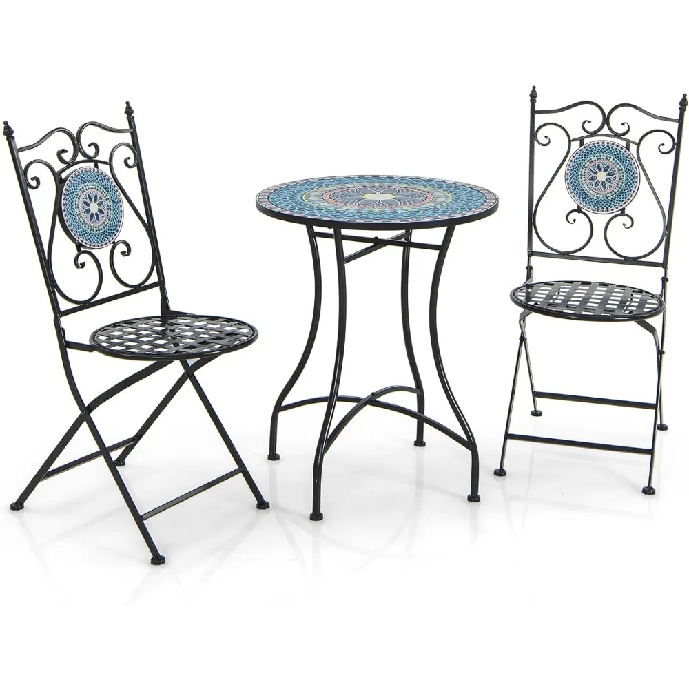 

Bistro Table and Chairs Set of 2, 3 Pieces Mosaic Patio Table with Folding Chairs, Steel Frame, Outdoor Round Patio Furn