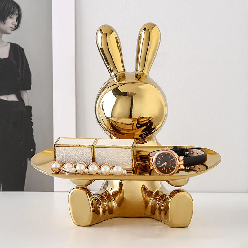 

New Creative Rabbit Tray Resin Electroplated Astronaut Internal Office Table Storage Container Home Decoration Tray Statue Gift