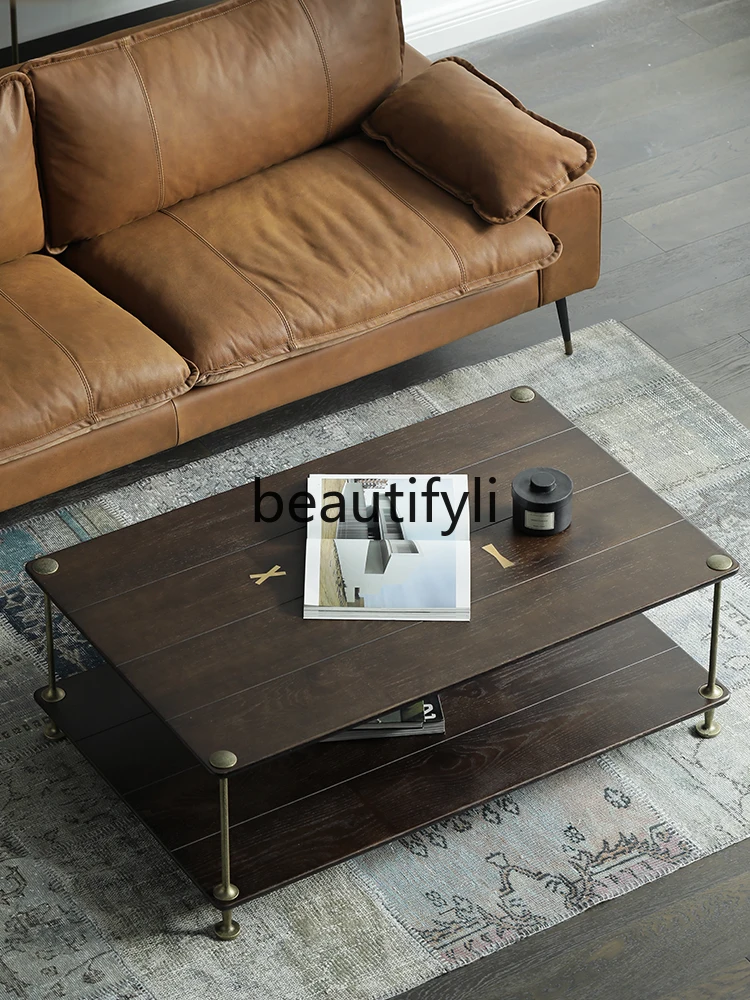 

Coffee Table Nordic Oak Double Layer Square Cabinet Vintage Gold Black Cast Iron Craft