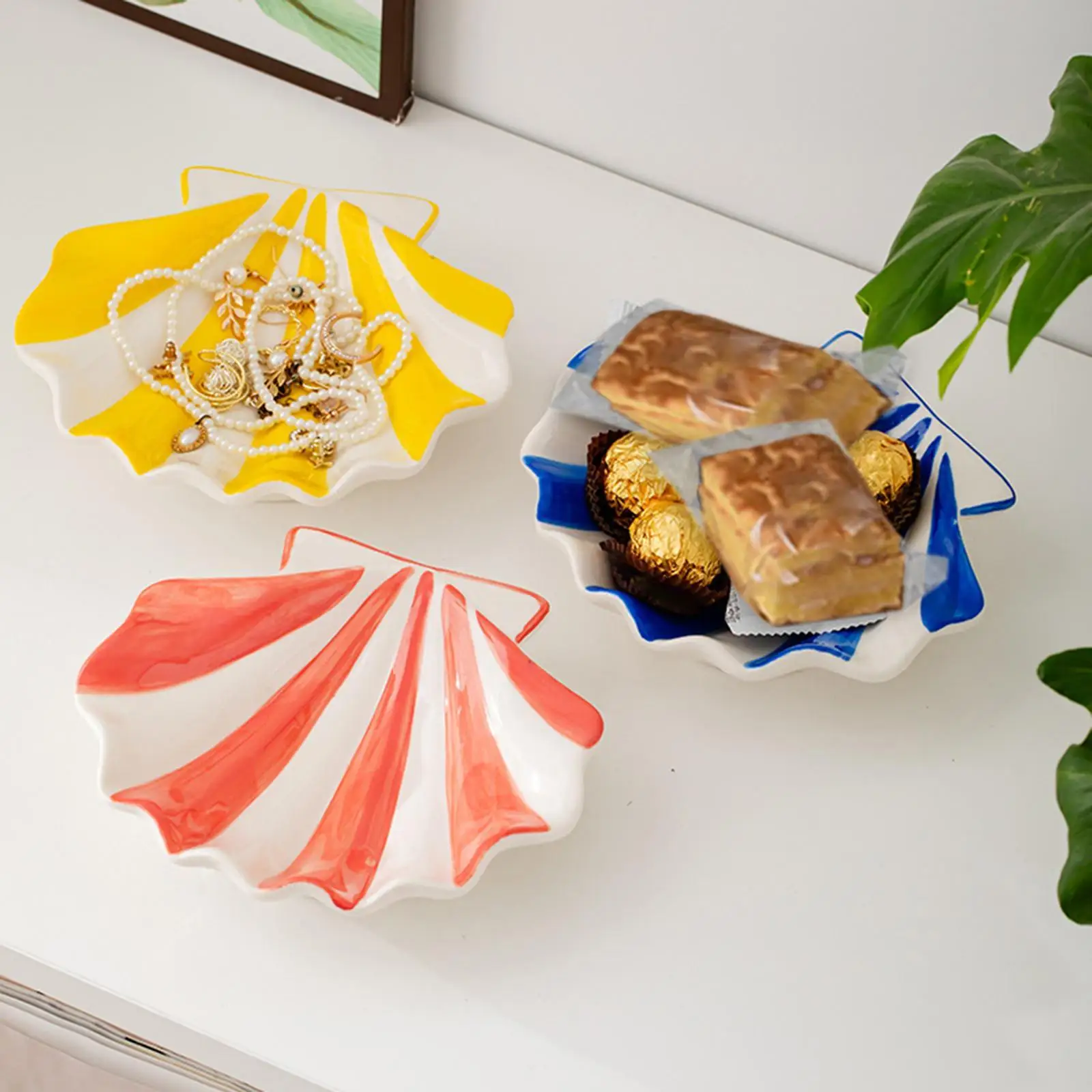 

Керамический поднос для безделушек в форме ракушки в форме ракушки, блестящие глазурованные большие фрукты