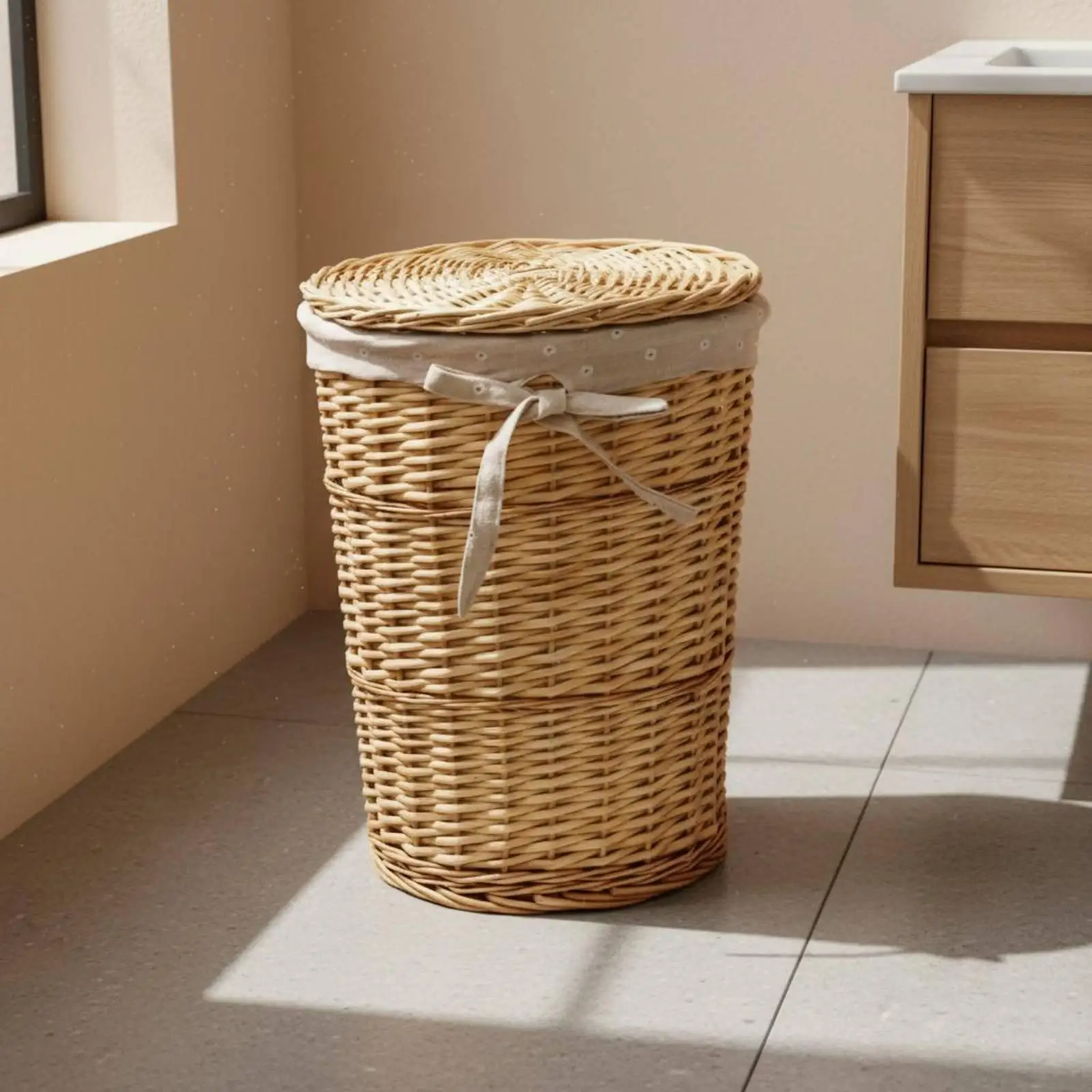 Round Woven Hamper Rustic Design Wicker Laundry Basket with Lid for Bathroom