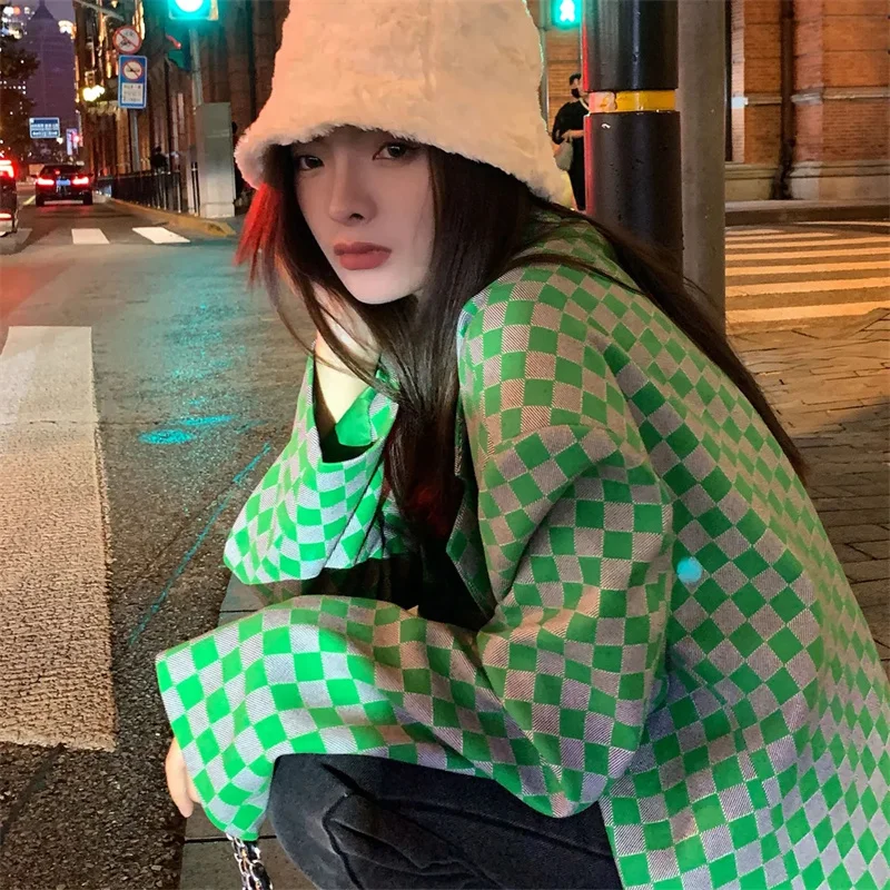 Green Plaid Suit Coat Women's Autumn 2023 New Korean Fashion Jacket Outwear Basic Jackets Winter Coat Female Overcoat