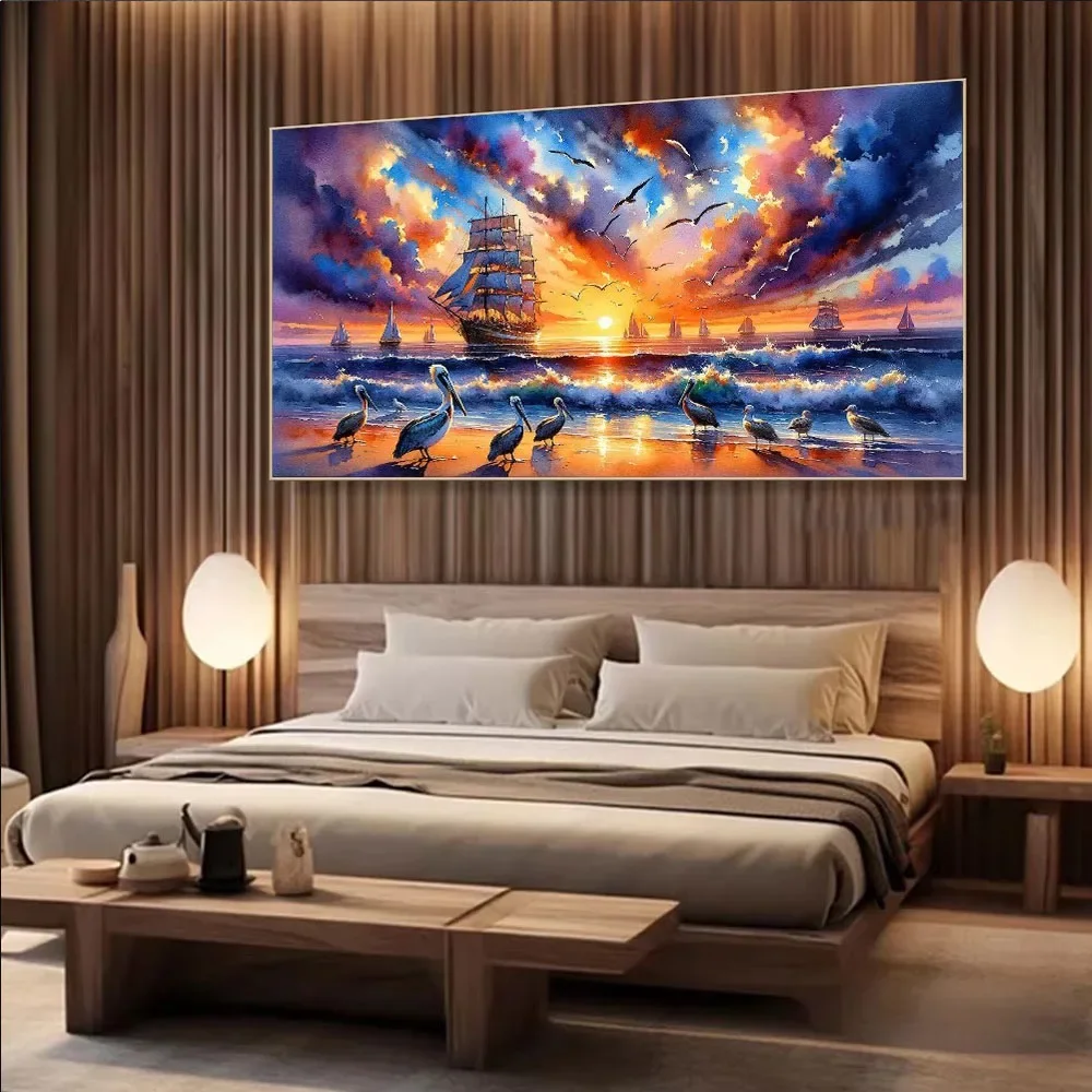 Abstract Art Sunset Sailing Landscape Mosaic Diamond Embroidery Sailboat and Pelican on the Sea Diy Art Full Drill Home Decor