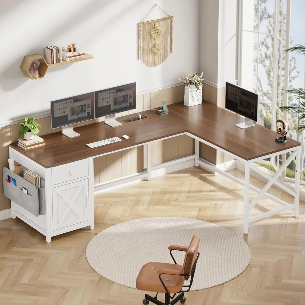 

63 L shaped office desk, convertible corner desk with drawers, farmhouse computer desk with power board and storage cabinet