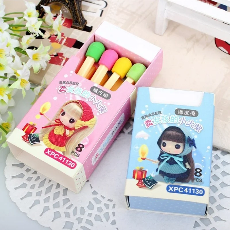 8pcs/box Cute Kawaii Matches Eraser Lovely Colored Eraser For Kids Students Kids Creative Item Gift